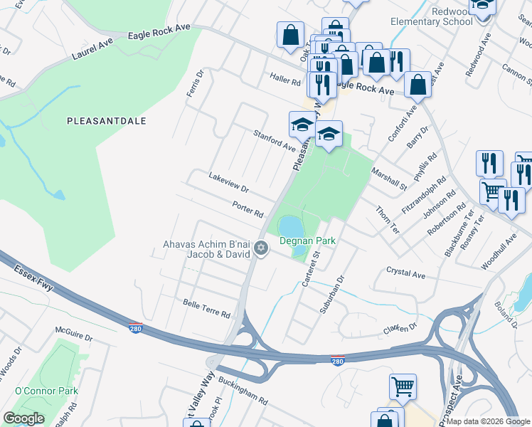 map of restaurants, bars, coffee shops, grocery stores, and more near 615 Pleasant Valley Way in West Orange