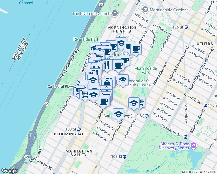 map of restaurants, bars, coffee shops, grocery stores, and more near 507 West 111th Street in New York