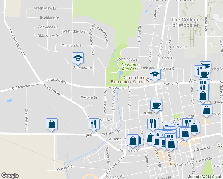map of restaurants, bars, coffee shops, grocery stores, and more near 564 Mc Donald Street in Wooster