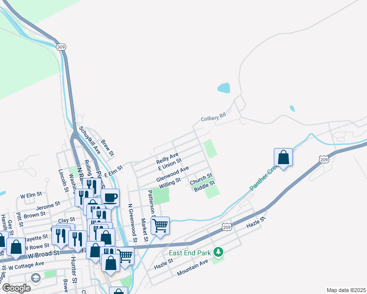 map of restaurants, bars, coffee shops, grocery stores, and more near 518 East Elm Street in Tamaqua