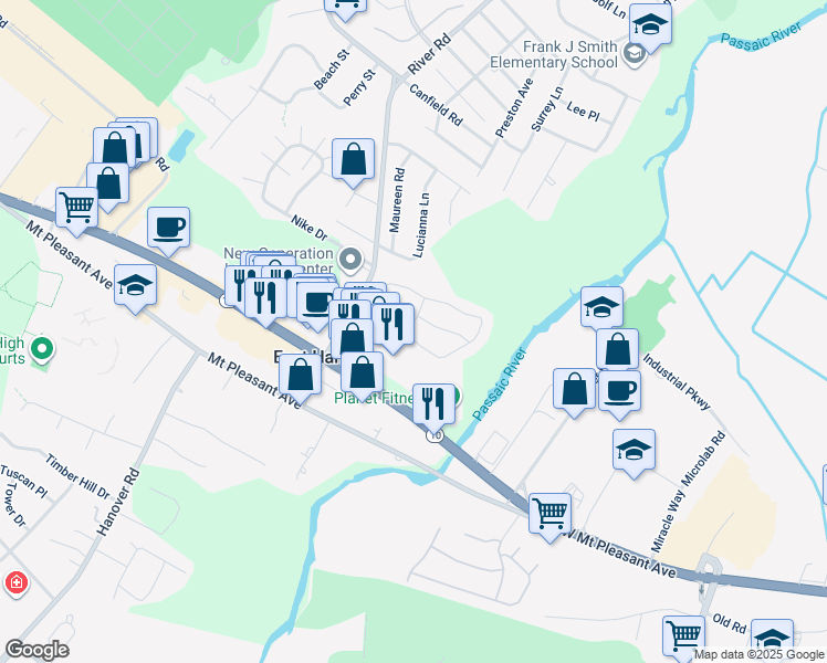 map of restaurants, bars, coffee shops, grocery stores, and more near 30 Castle Ridge Drive in East Hanover
