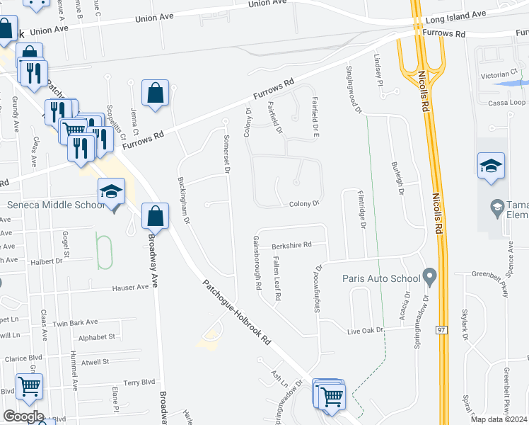 map of restaurants, bars, coffee shops, grocery stores, and more near 50 Colony Drive in Holbrook