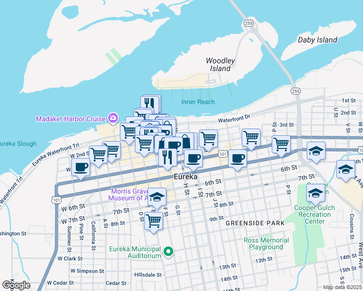 map of restaurants, bars, coffee shops, grocery stores, and more near in Eureka