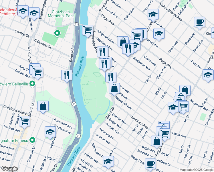 map of restaurants, bars, coffee shops, grocery stores, and more near 820 Riverside Avenue in Lyndhurst