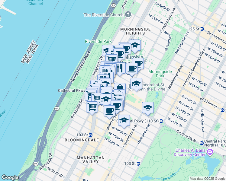 map of restaurants, bars, coffee shops, grocery stores, and more near 535 West 111th Street in New York