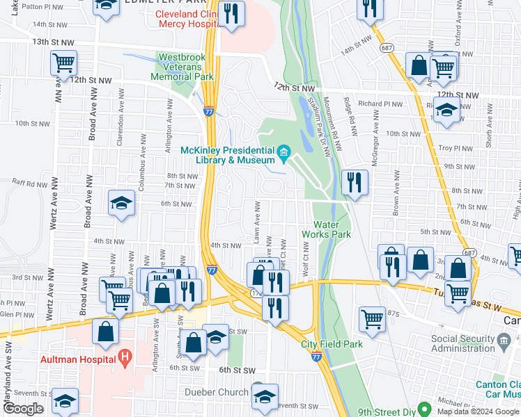 map of restaurants, bars, coffee shops, grocery stores, and more near 604 Lawn Avenue Northwest in Canton