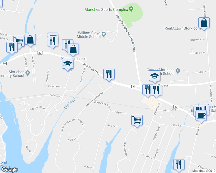 map of restaurants, bars, coffee shops, grocery stores, and more near 179 James Hawkins Road in Moriches