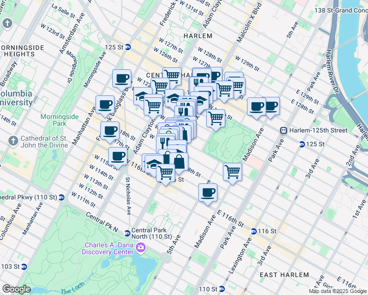 map of restaurants, bars, coffee shops, grocery stores, and more near 190 Malcolm X Boulevard in New York