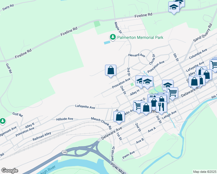 map of restaurants, bars, coffee shops, grocery stores, and more near 95 Princeton Avenue in Palmerton