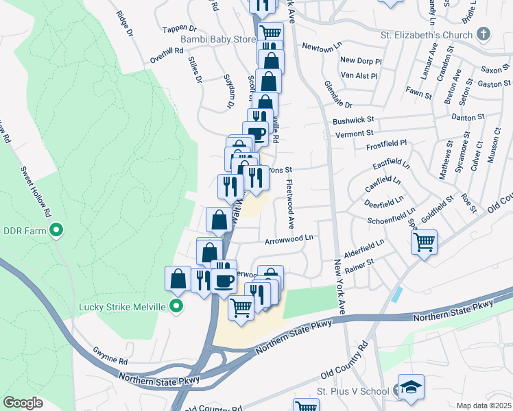 map of restaurants, bars, coffee shops, grocery stores, and more near 716 Walt Whitman Road in Melville
