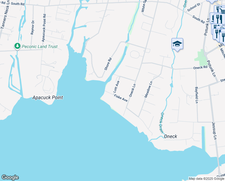 map of restaurants, bars, coffee shops, grocery stores, and more near 32 Fiske Avenue in Westhampton Beach