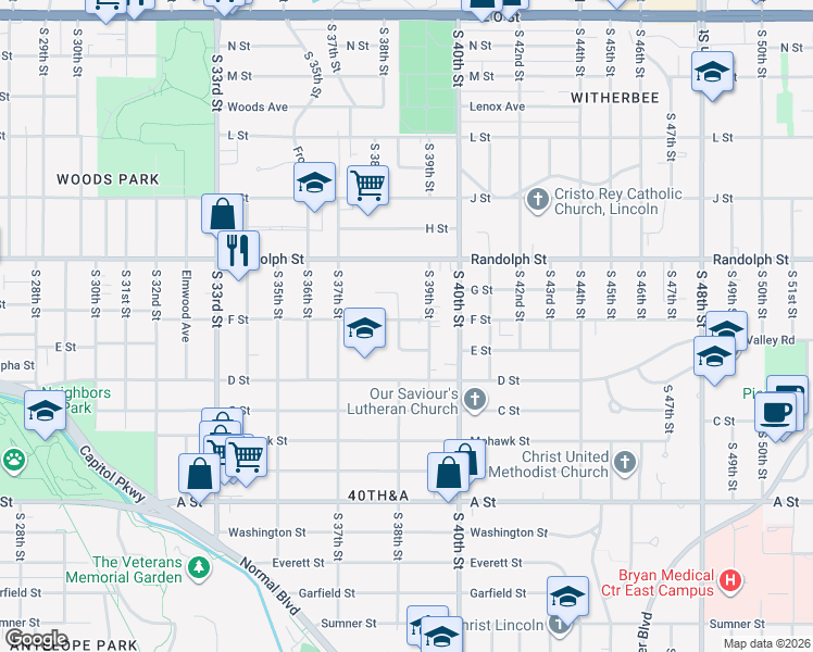 map of restaurants, bars, coffee shops, grocery stores, and more near 3788 F Street in Lincoln
