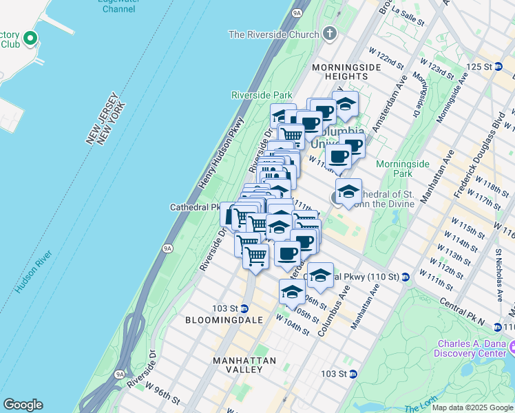 map of restaurants, bars, coffee shops, grocery stores, and more near 610 West 110th Street in New York