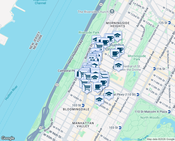 map of restaurants, bars, coffee shops, grocery stores, and more near 610 West 110th Street in New York