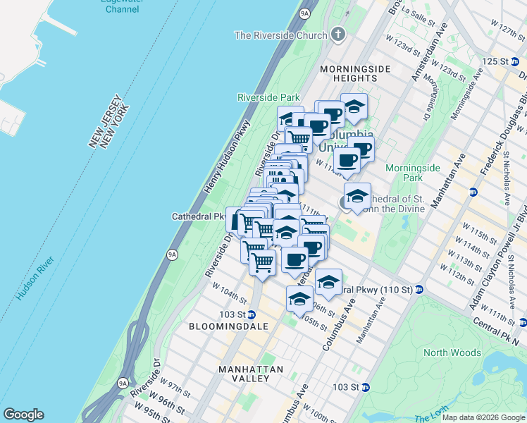 map of restaurants, bars, coffee shops, grocery stores, and more near 610 West 110th Street in New York