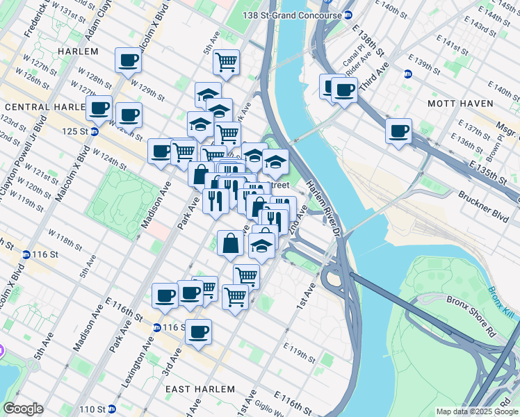 map of restaurants, bars, coffee shops, grocery stores, and more near 2319 3rd Avenue in New York