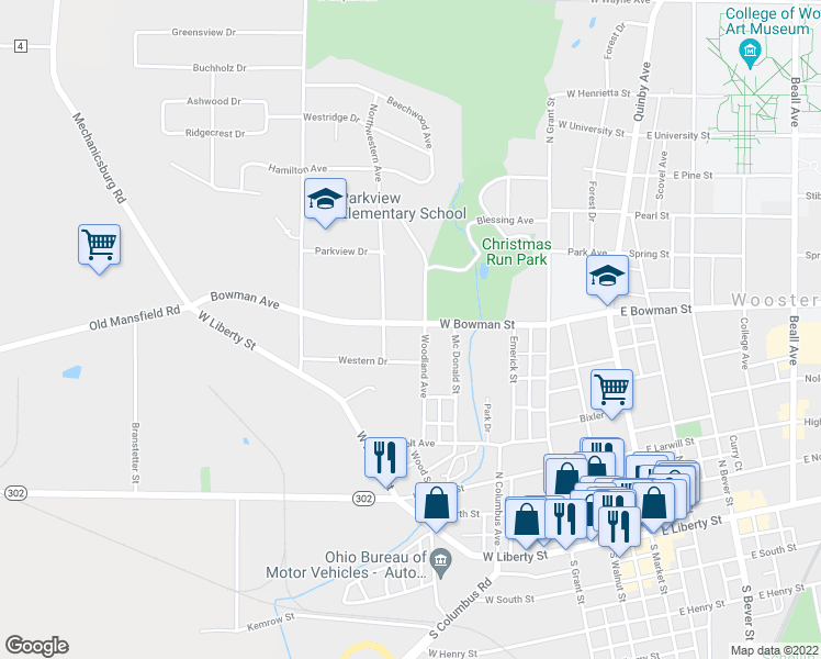 map of restaurants, bars, coffee shops, grocery stores, and more near 616 West Bowman Street in Wooster