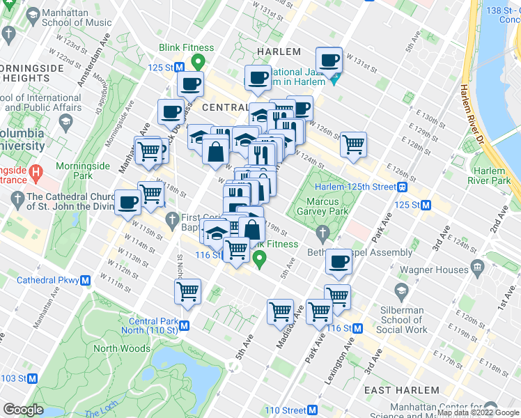 map of restaurants, bars, coffee shops, grocery stores, and more near 19 West 120th Street in New York