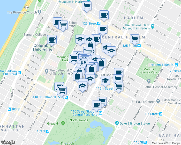 map of restaurants, bars, coffee shops, grocery stores, and more near 251 West 116th Street in New York