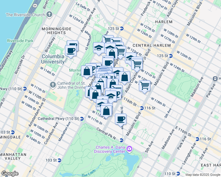 map of restaurants, bars, coffee shops, grocery stores, and more near 251 West 116th Street in New York