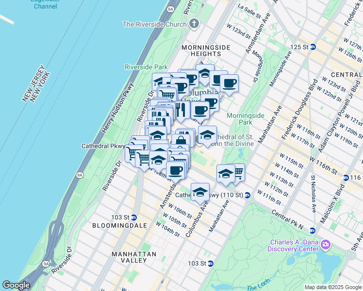 map of restaurants, bars, coffee shops, grocery stores, and more near 1060 Amsterdam Avenue in New York