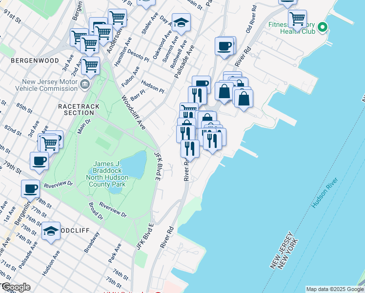 map of restaurants, bars, coffee shops, grocery stores, and more near 8905 River Road in North Bergen