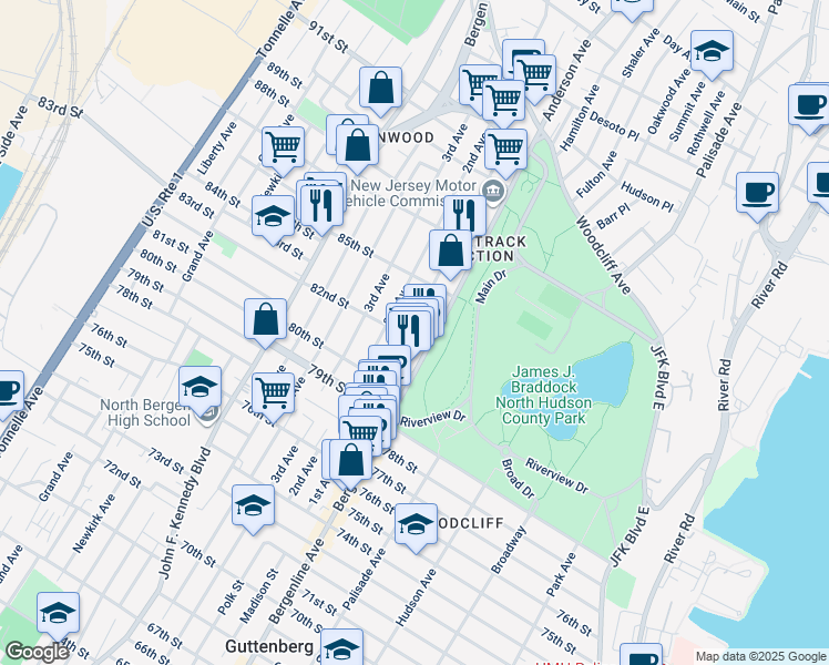 map of restaurants, bars, coffee shops, grocery stores, and more near 8214 1st Avenue in North Bergen