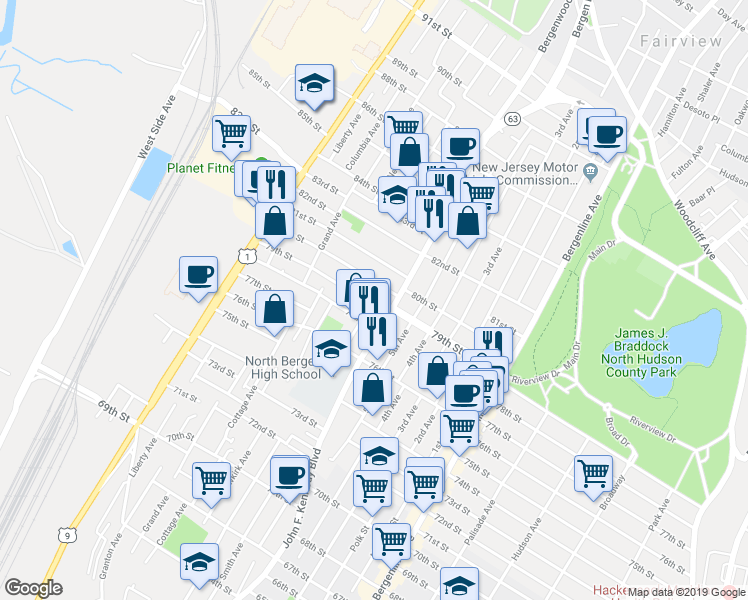 map of restaurants, bars, coffee shops, grocery stores, and more near in North Bergen