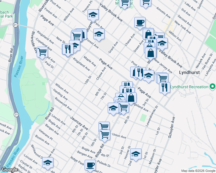 map of restaurants, bars, coffee shops, grocery stores, and more near 509 Kingsland Avenue in Lyndhurst