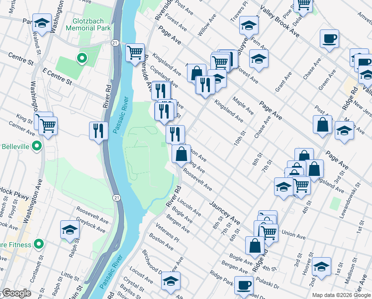 map of restaurants, bars, coffee shops, grocery stores, and more near 321 Wilson Avenue in Lyndhurst