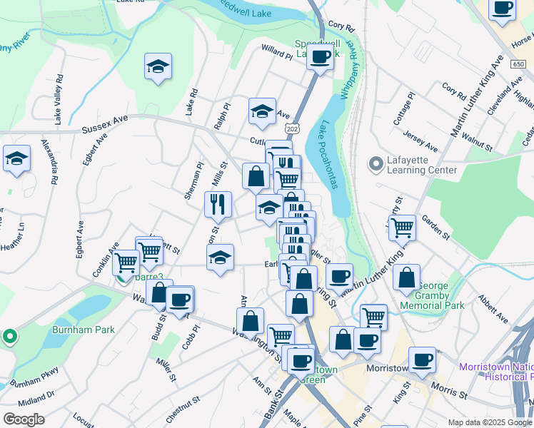 map of restaurants, bars, coffee shops, grocery stores, and more near 24 Sussex Avenue in Morristown