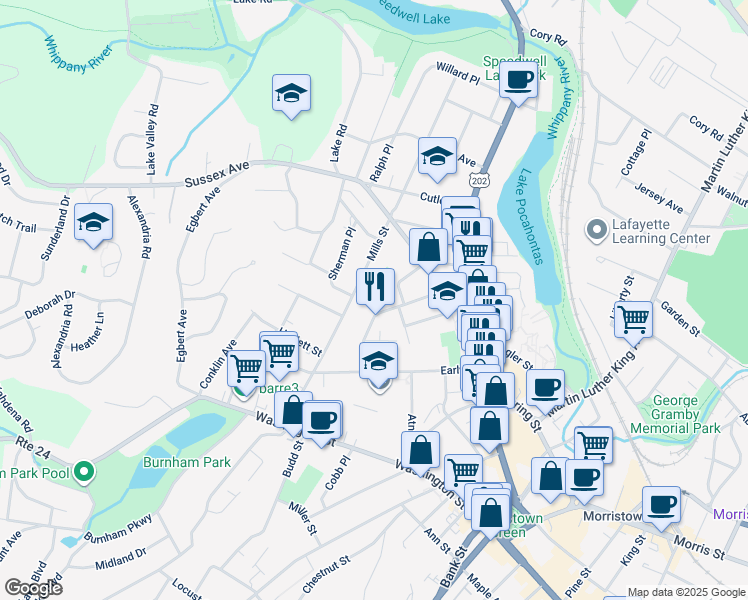 map of restaurants, bars, coffee shops, grocery stores, and more near 79 Mills Street in Morristown