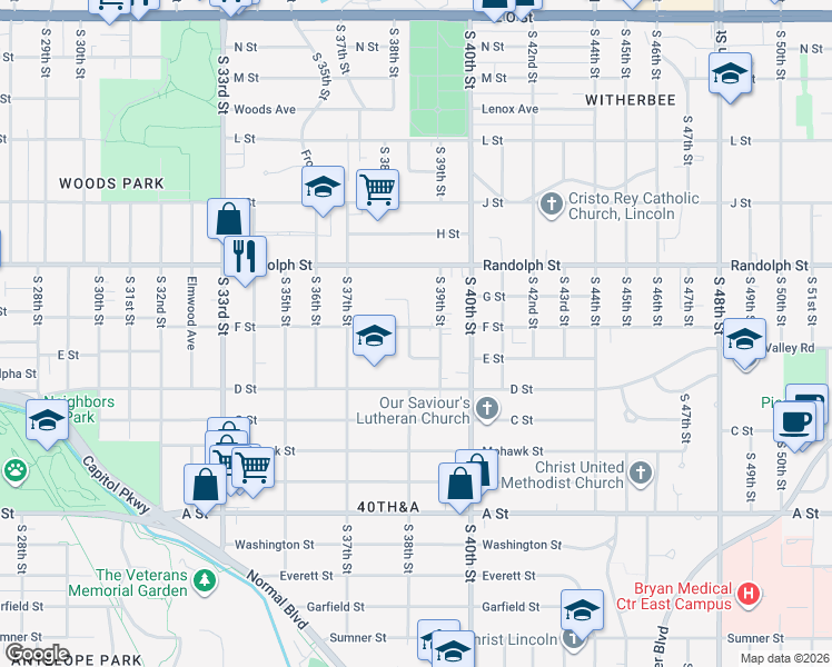 map of restaurants, bars, coffee shops, grocery stores, and more near 3788 F Street in Lincoln
