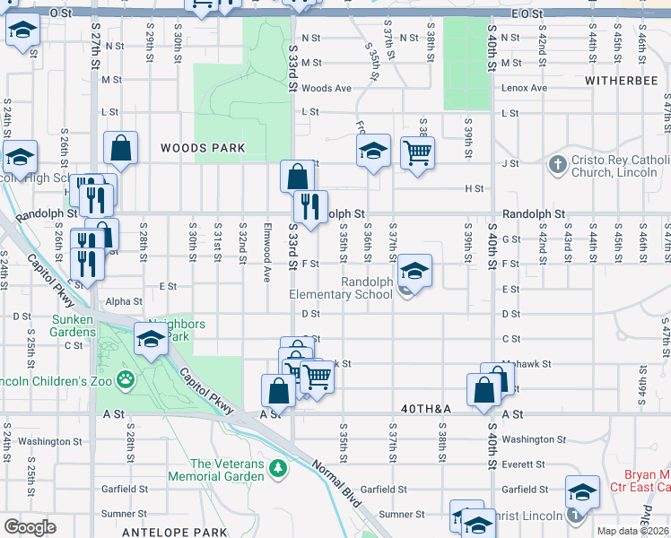 map of restaurants, bars, coffee shops, grocery stores, and more near 889 South 35th Street in Lincoln