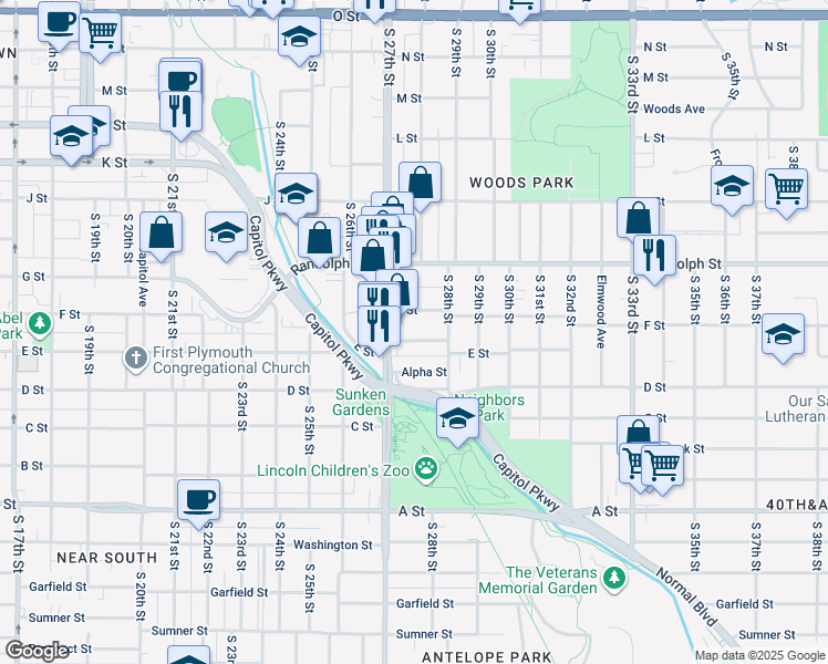 map of restaurants, bars, coffee shops, grocery stores, and more near 2753 F Street in Lincoln