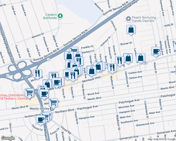 map of restaurants, bars, coffee shops, grocery stores, and more near 25 Park Avenue in Shirley