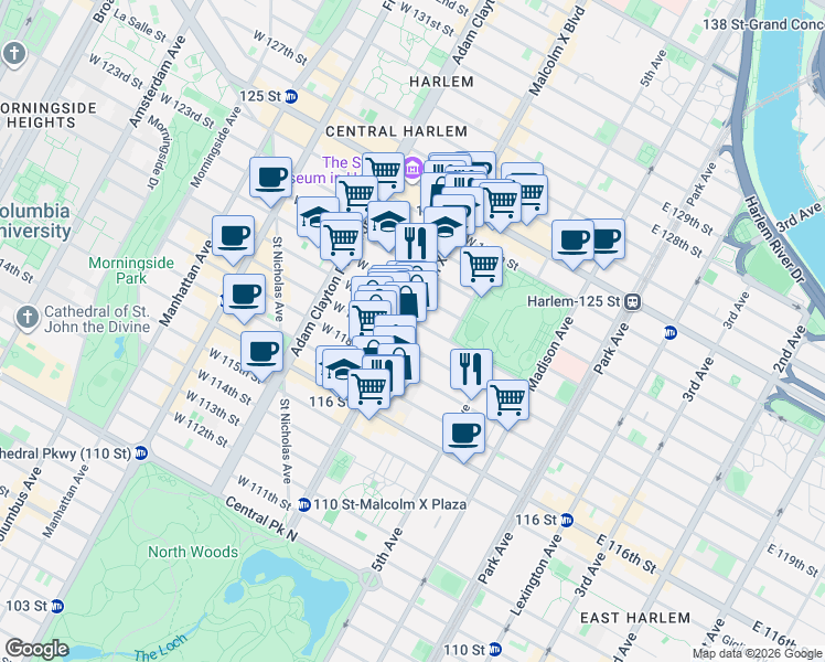 map of restaurants, bars, coffee shops, grocery stores, and more near 19 West 120th Street in New York