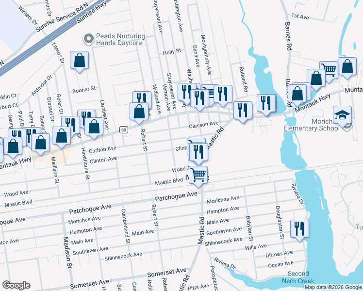 map of restaurants, bars, coffee shops, grocery stores, and more near 60 Carlton Avenue in Mastic