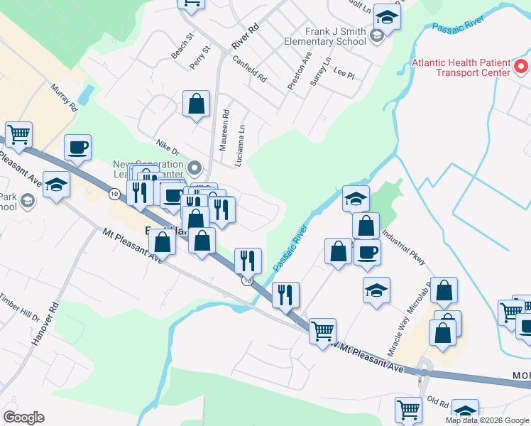 map of restaurants, bars, coffee shops, grocery stores, and more near 104 Castle Ridge Drive in East Hanover
