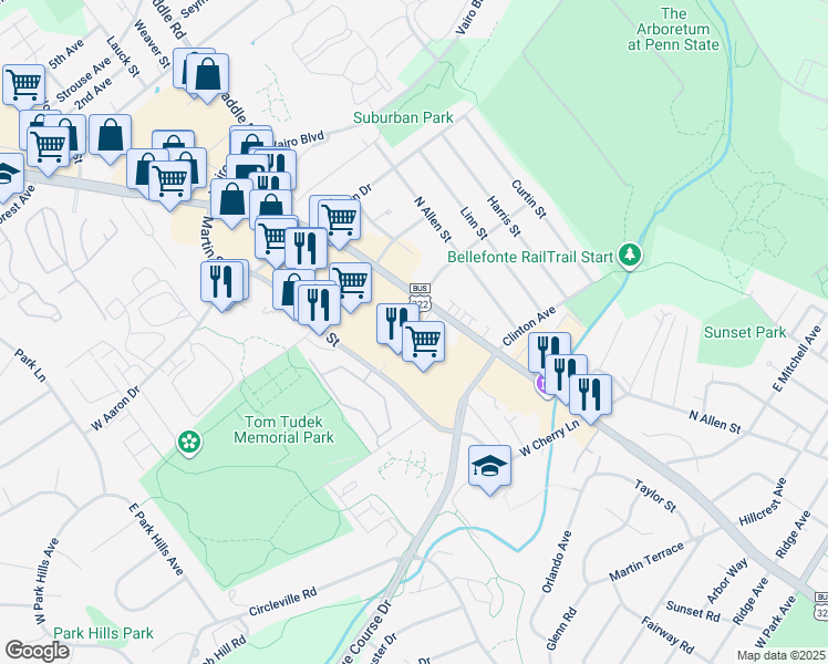 map of restaurants, bars, coffee shops, grocery stores, and more near 1400 U.S. 322 Business in State College