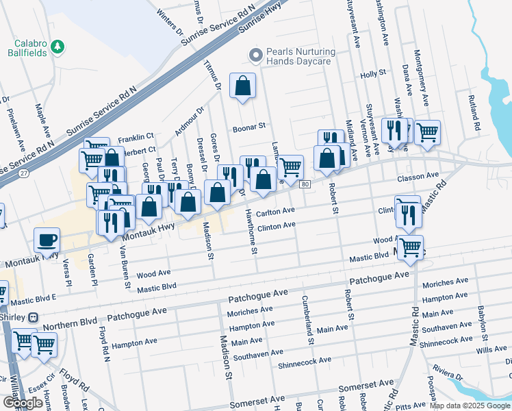 map of restaurants, bars, coffee shops, grocery stores, and more near 1280 Montauk Highway in Mastic