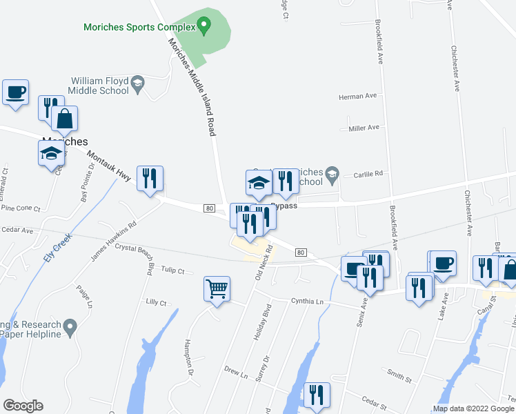 map of restaurants, bars, coffee shops, grocery stores, and more near 334 Main Street in Center Moriches