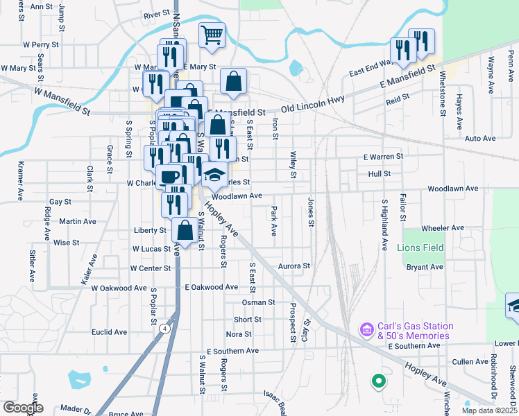 map of restaurants, bars, coffee shops, grocery stores, and more near 514 South East Street in Bucyrus