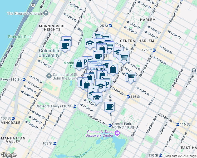 map of restaurants, bars, coffee shops, grocery stores, and more near 247 West 116th Street in New York