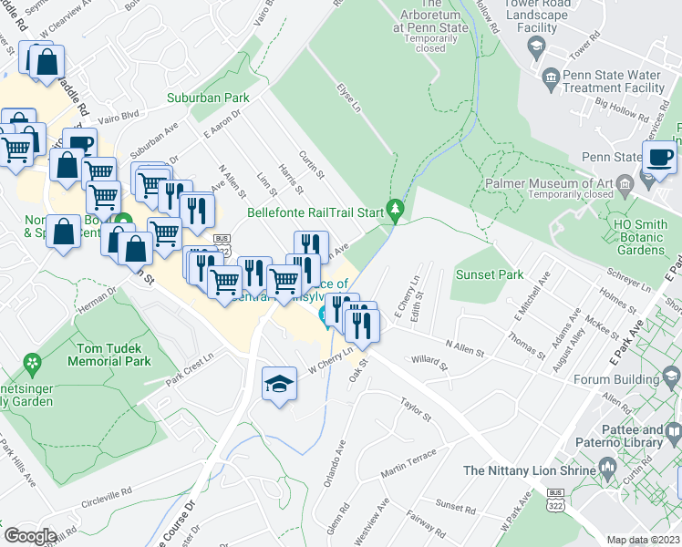 map of restaurants, bars, coffee shops, grocery stores, and more near 122 Clinton Avenue in State College