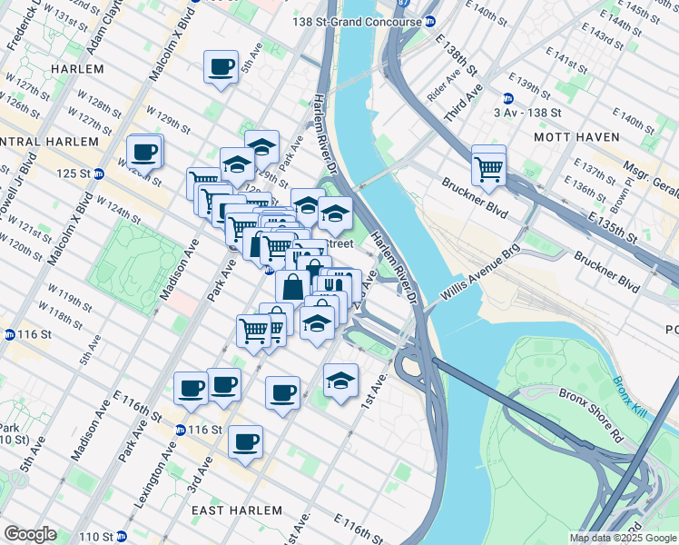 map of restaurants, bars, coffee shops, grocery stores, and more near 2321 3rd Avenue in New York
