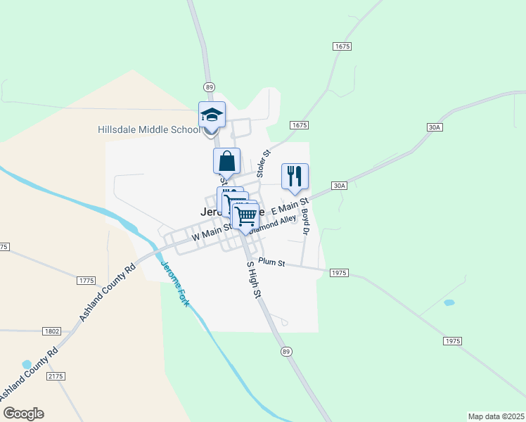 map of restaurants, bars, coffee shops, grocery stores, and more near 44 East Main Street in Jeromesville