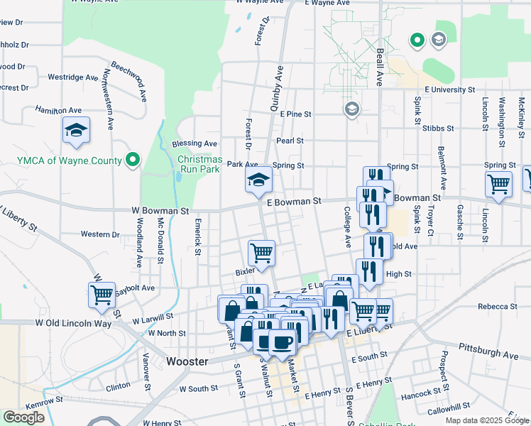 map of restaurants, bars, coffee shops, grocery stores, and more near 580 North Market Street in Wooster