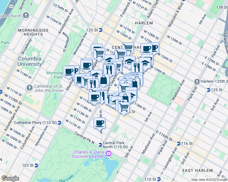 map of restaurants, bars, coffee shops, grocery stores, and more near 136 West 119th Street in New York