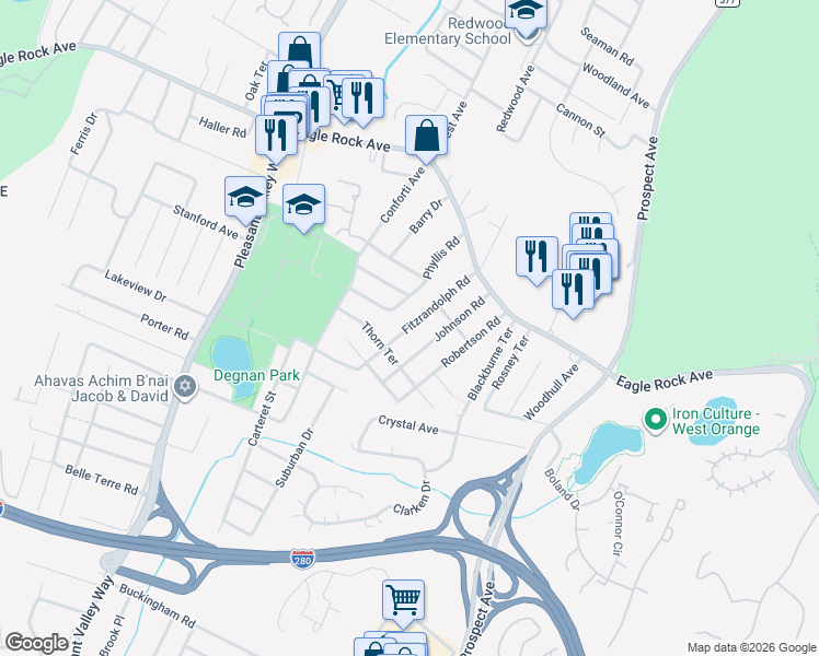 map of restaurants, bars, coffee shops, grocery stores, and more near 39 Fitzrandolph Road in West Orange